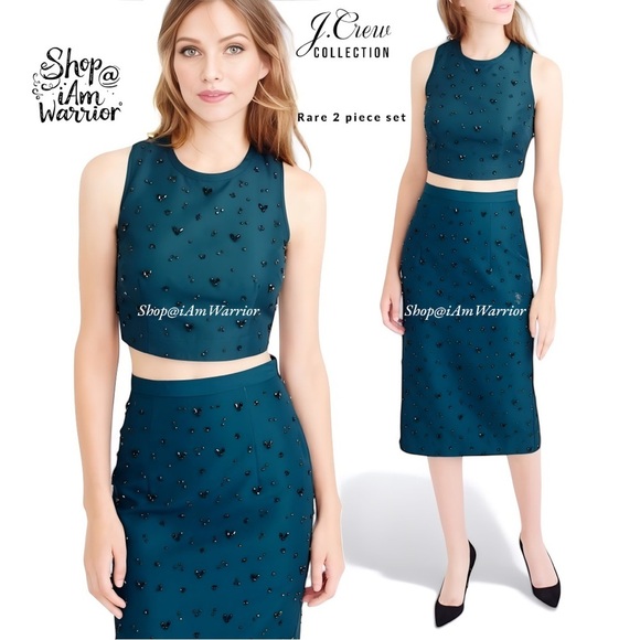 J.Crew Collection 2PC teal beaded crop top & pencil midi skirt *shop@iamwarrior - Picture 1 of 16